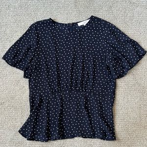 NWOT Loft Swiss Dot Navy Flutter Sleeve Blouse